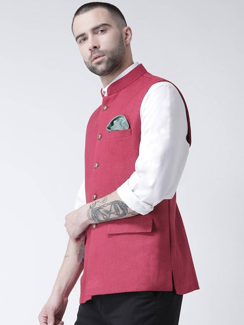 Men's Pink 
Silk Blend
 Solid
 Nehru Jackets